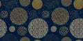 Golden Circles On A Dark Blue Background. Chinese Seamless Pattern With Abstract Geometric Shapes. Different Textured Circles.